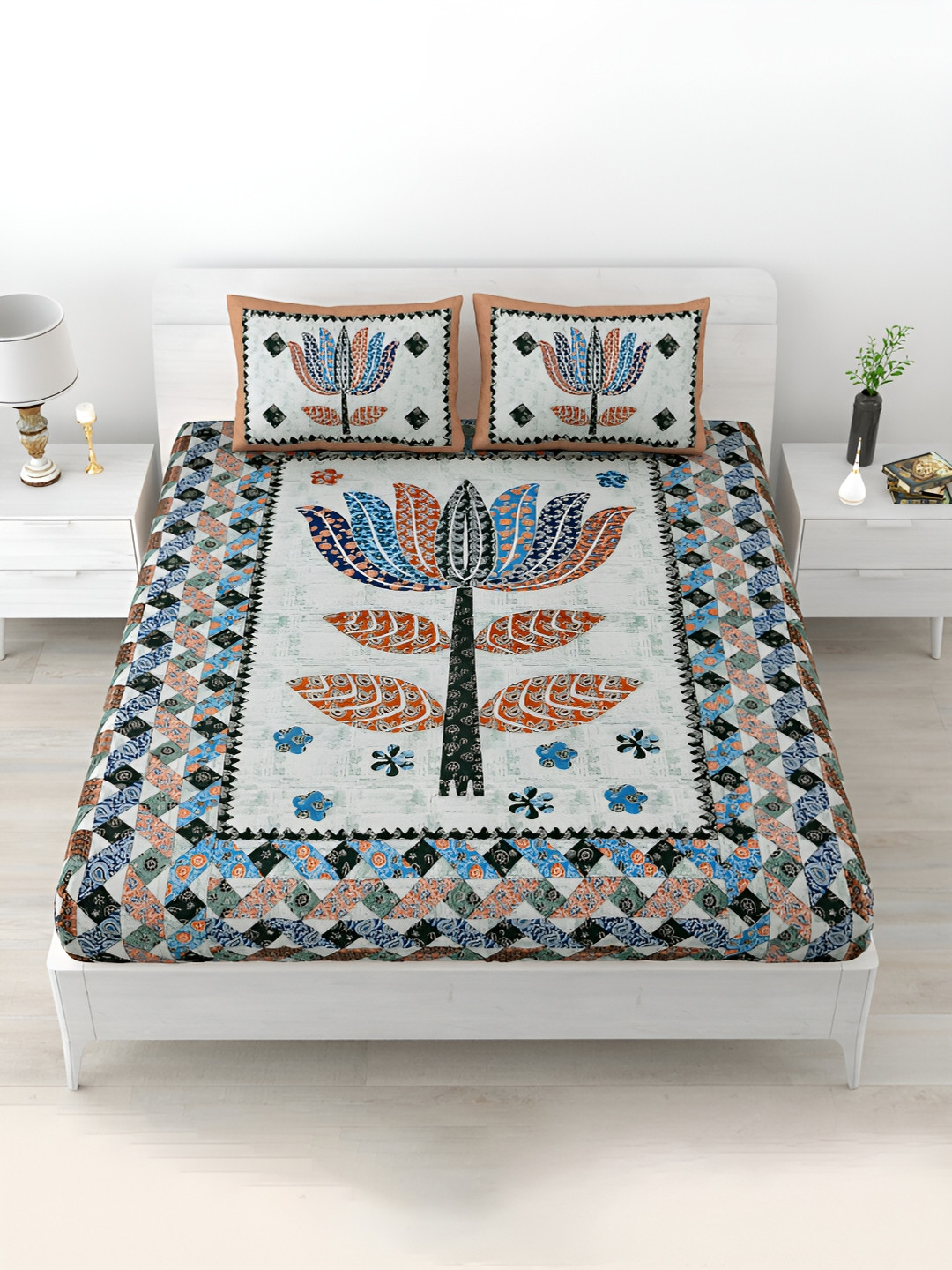 

POORAK Orange & Grey Ethnic Motifs Cotton 104 TC Queen Bedsheet With 2 Pillow Covers