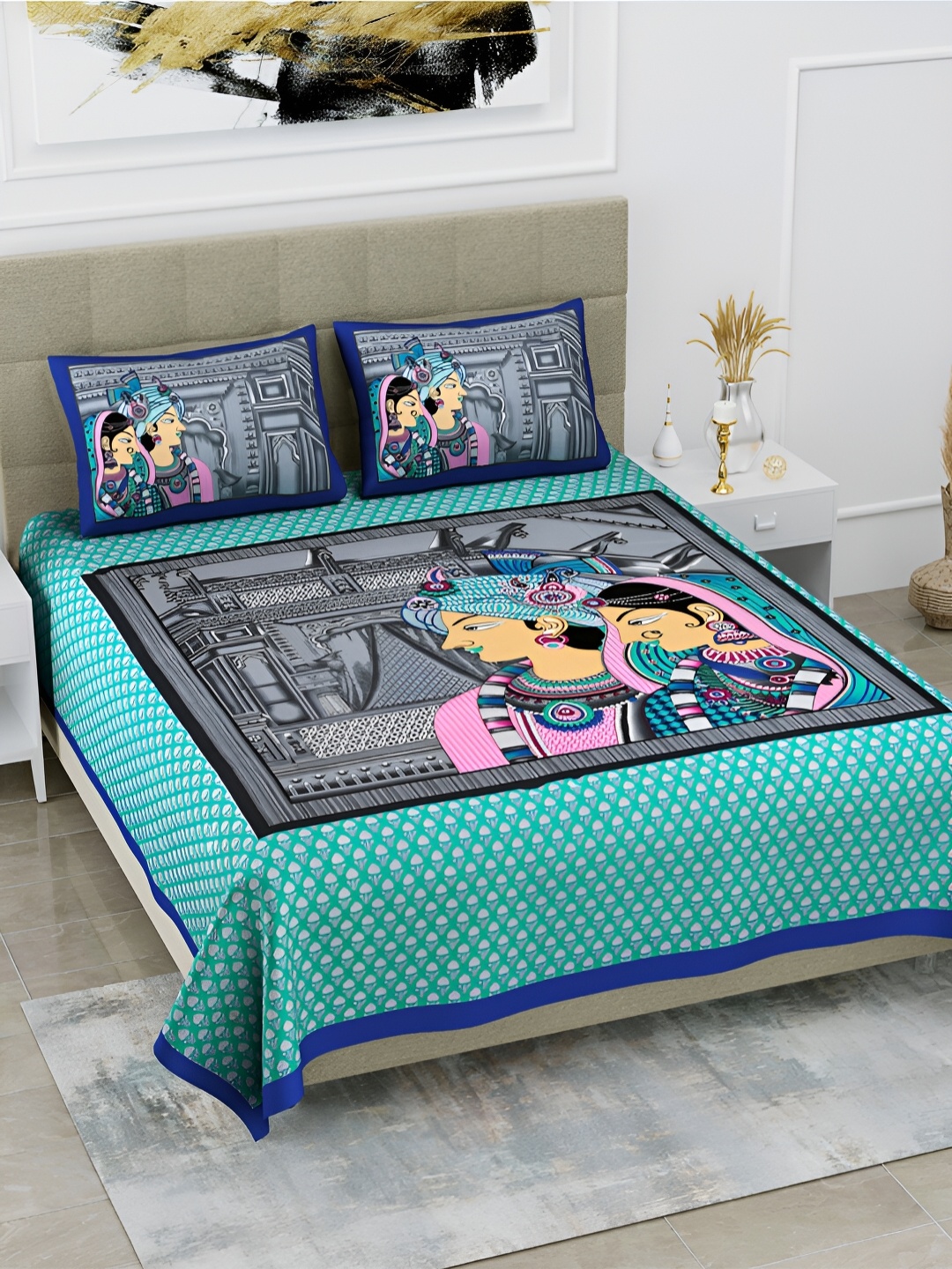

POORAK Blue & Pink Ethnic Motifs 104 TC Cotton Queen Bedsheet Set