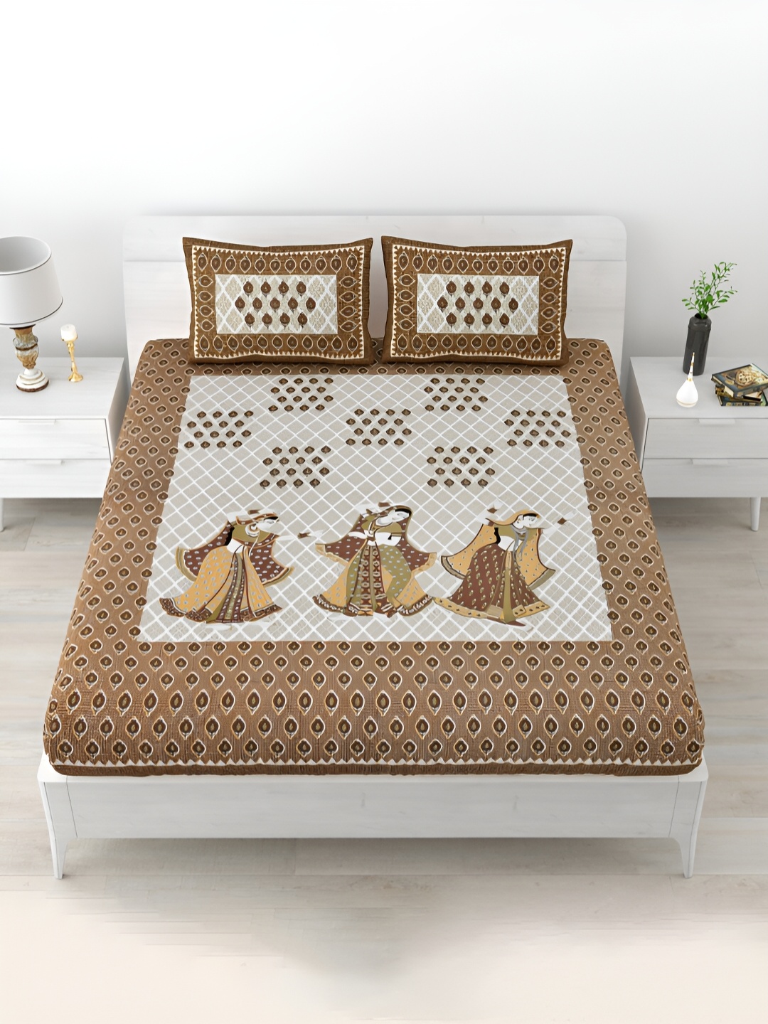 

POORAK Brown & Grey Graphic 104 TC Cotton Queen Bedsheet Set