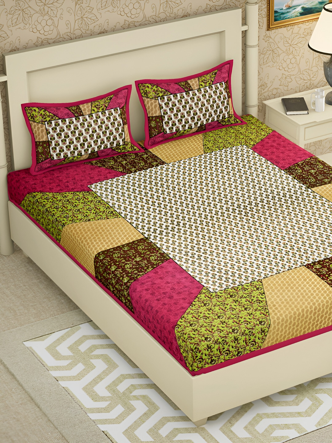 

POORAK Pink & Green Floral 104 TC Cotton Queen Bedsheet Set