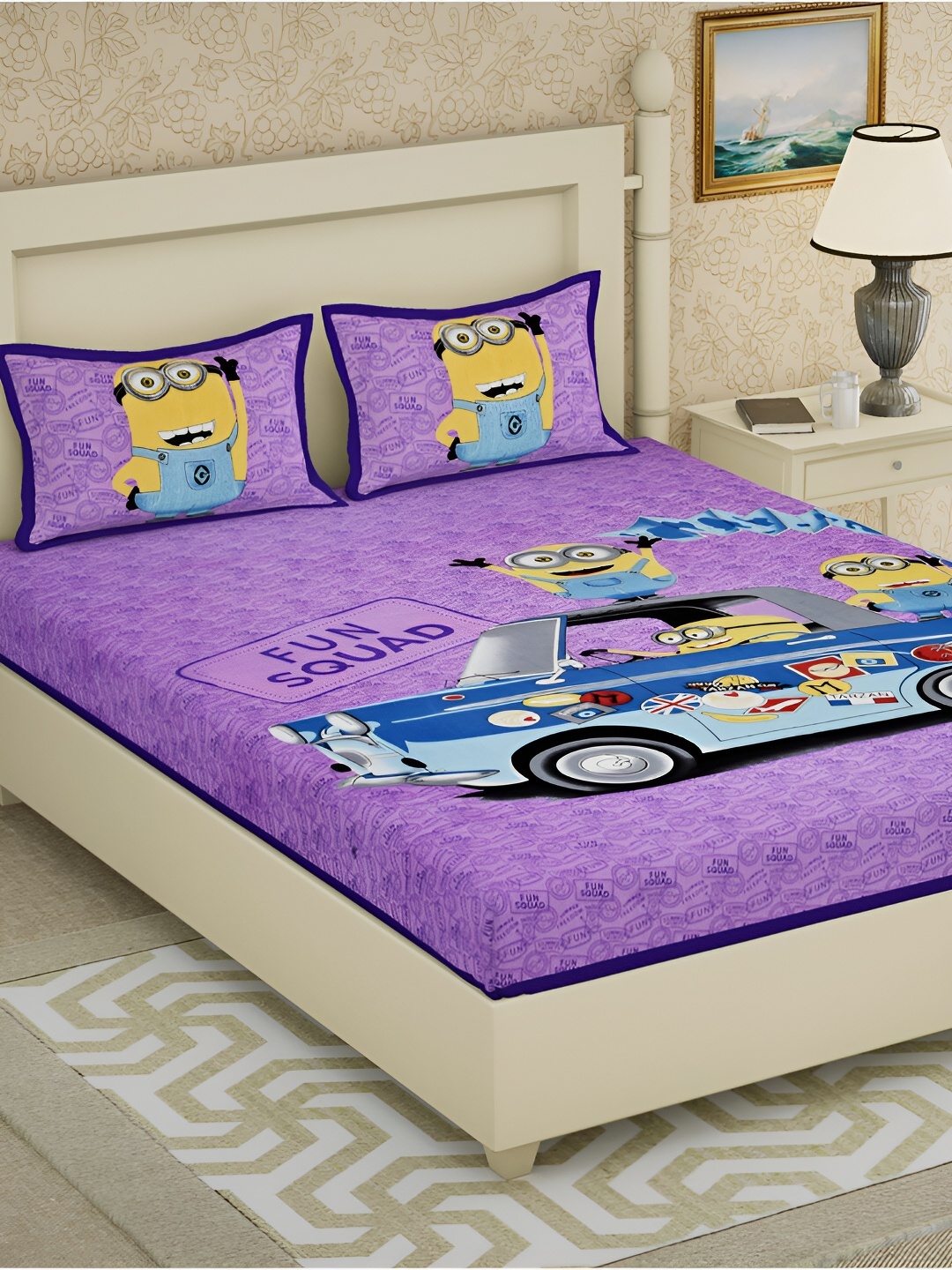 

POORAK Purple & Yellow Cartoon Characters 104 TC Cotton Queen Bedsheet Set
