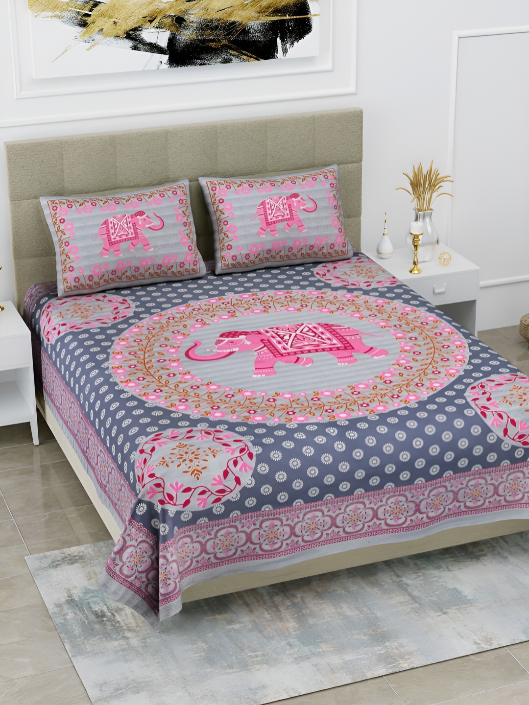 

POORAK Grey & Pink Ethnic Motifs Printed 104 TC Cotton Queen Bedsheet Set