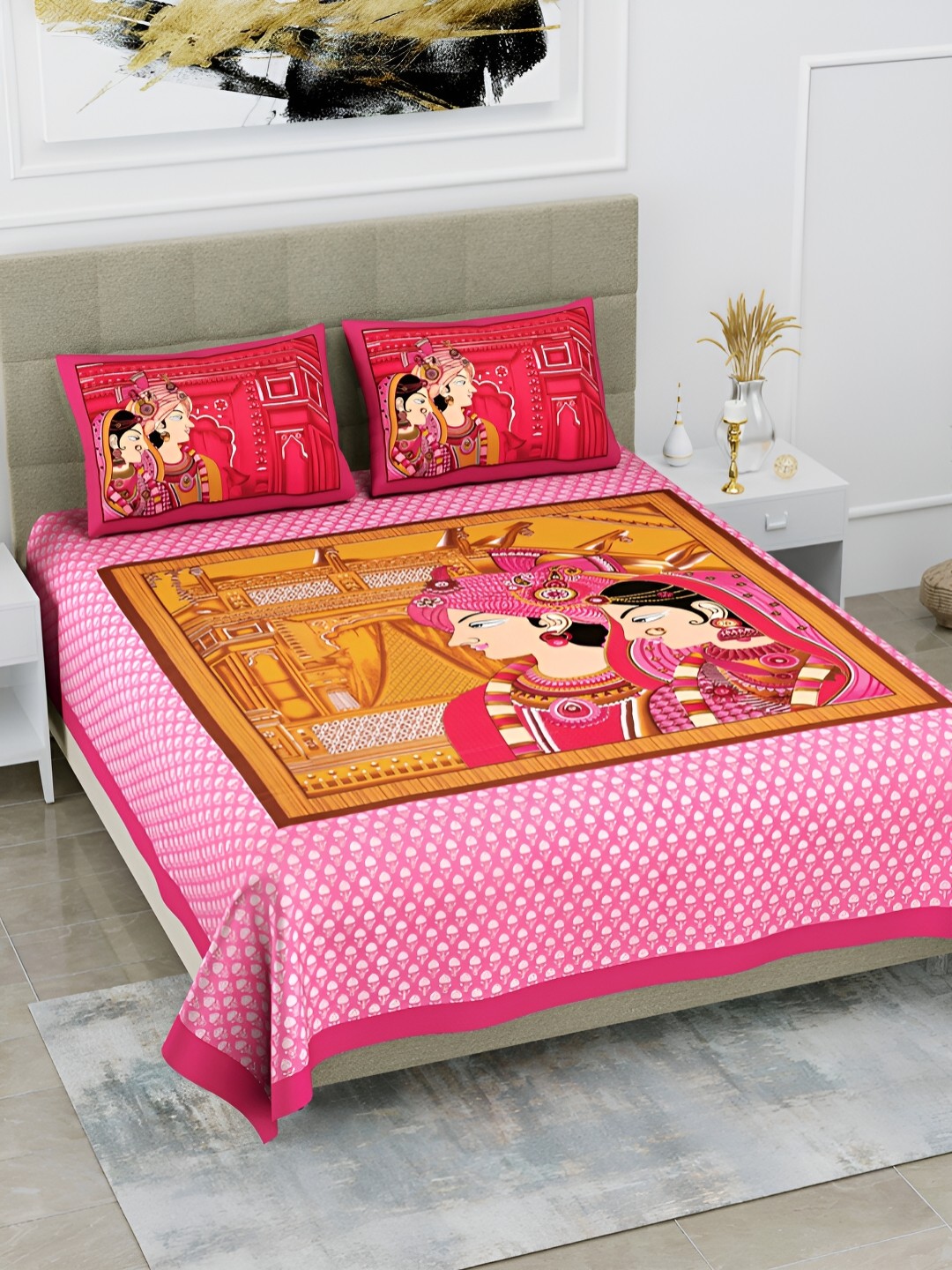 

POORAK Pink & Yellow Graphic Printed Cotton 104 TC Queen Bedsheet Set