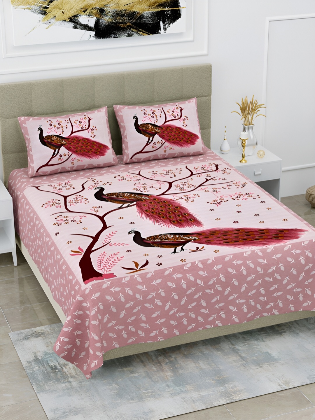

POORAK Pink & Brown Ethnic Motifs Printed 104 TC Cotton Queen Bedsheet Set