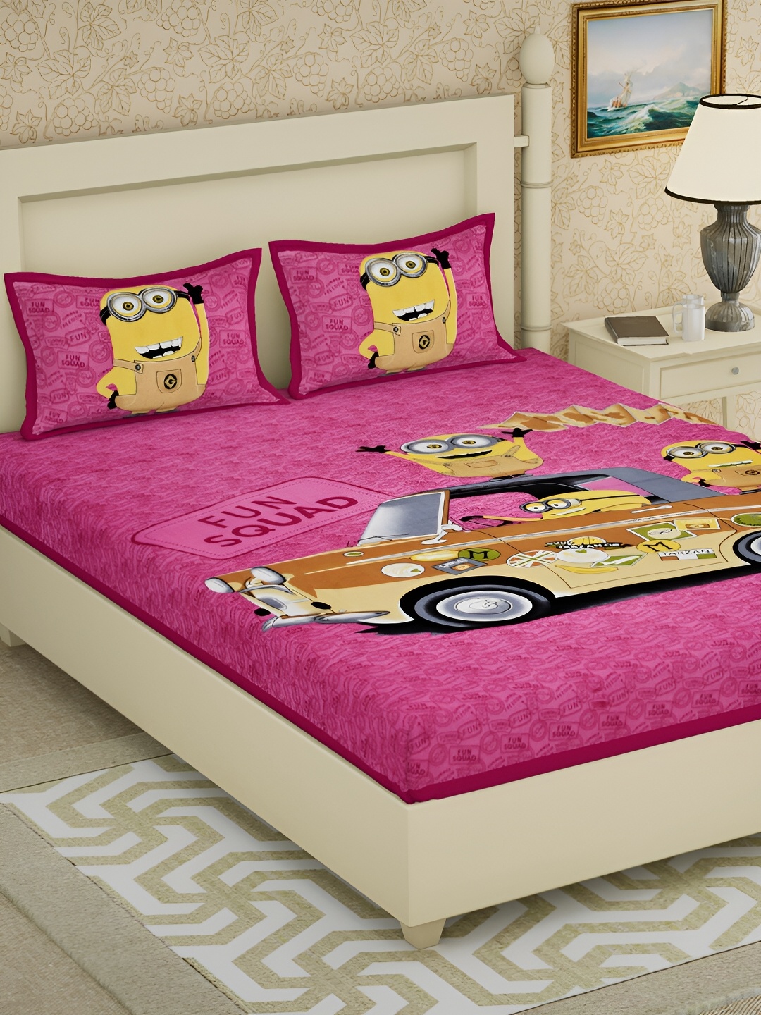 

POORAK Pink & Yellow Graphic 104 TC Cotton Queen Bedsheet Set