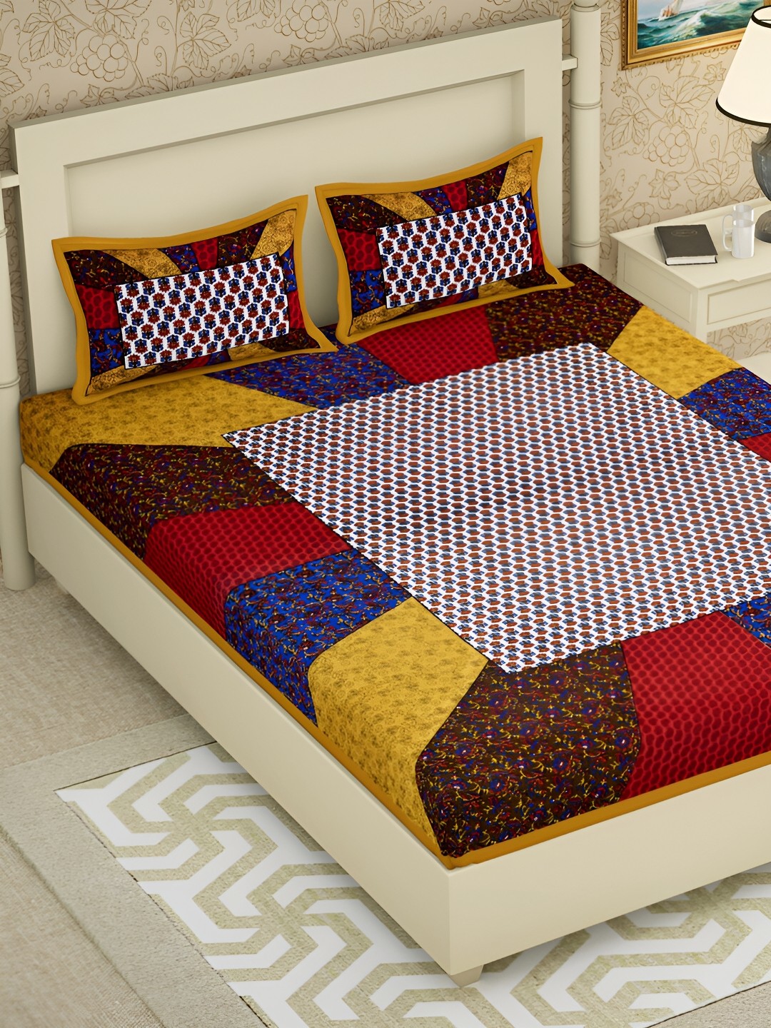 

POORAK Yellow & Blue Ethnic Motifs 104 TC Cotton Queen Bedsheet Set