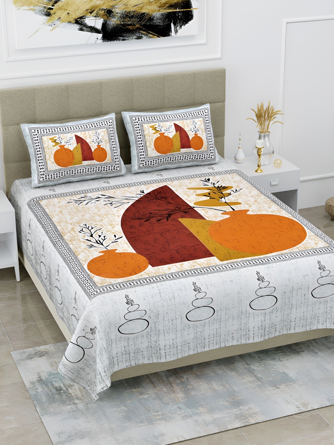 

POORAK Grey & Orange Floral Printed 104 TC Cotton Queen Bedsheet Set