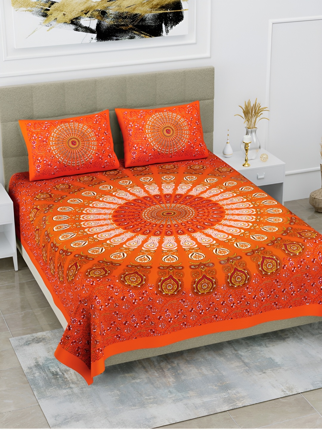 

POORAK Orange & White Ethnic Motifs Printed 104 TC Cotton Queen Bedsheet Set