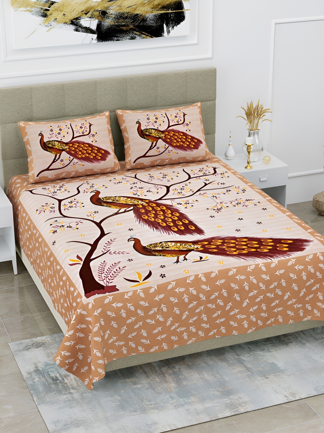 

POORAK Maroon & Beige Ethnic Motifs Printed 104 TC Cotton Queen Bedsheet Set