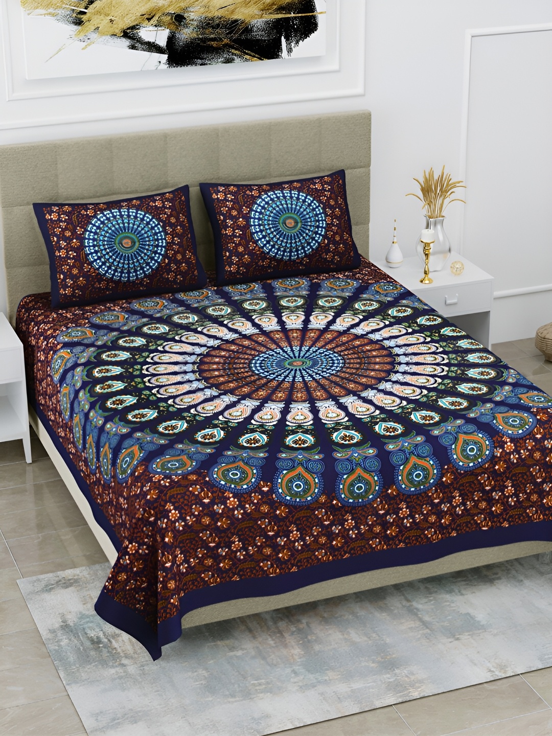 

POORAK Brown & White Ethnic Motifs Printed 104 TC Cotton Queen Bedsheet Set