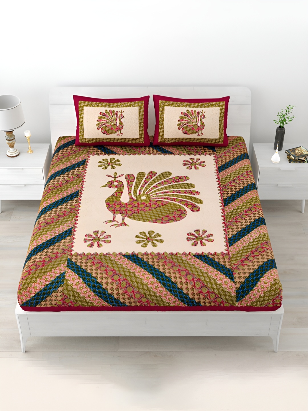 

POORAK Red & Beige Ethnic Motifs Printed 104 TC Cotton Queen Bedsheet Set