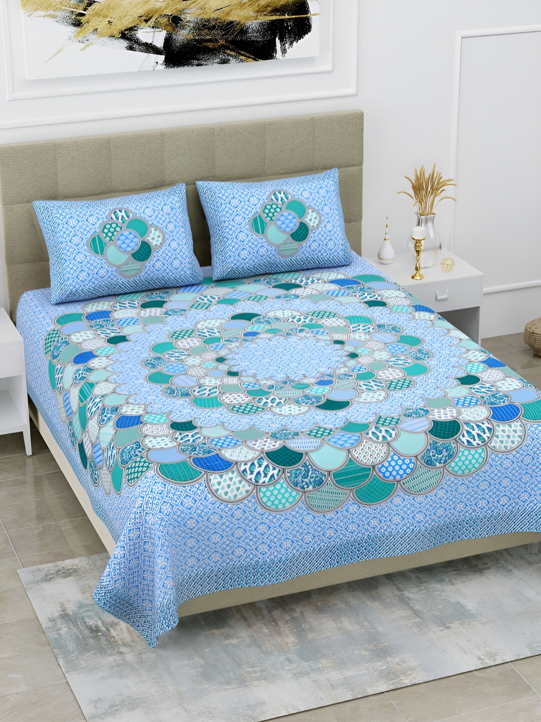 

POORAK Blue & Green Floral Printed 104 TC Cotton Queen Bedsheet Set