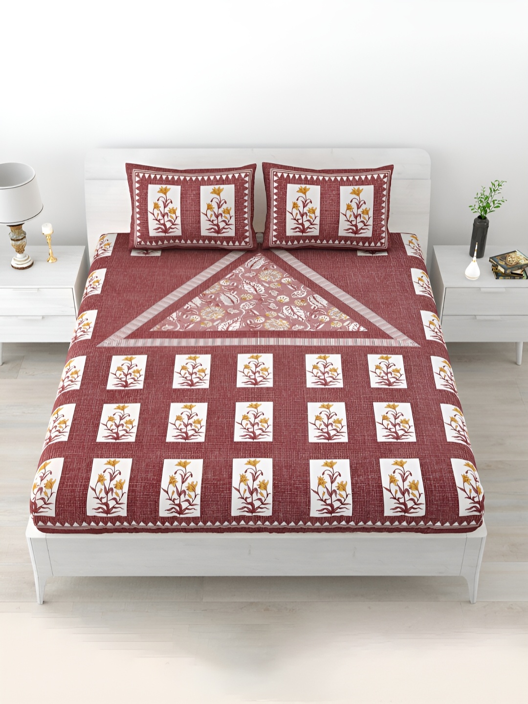 

POORAK Pink & White Ethnic Motifs Printed 104 TC Cotton Queen Bedsheet Set