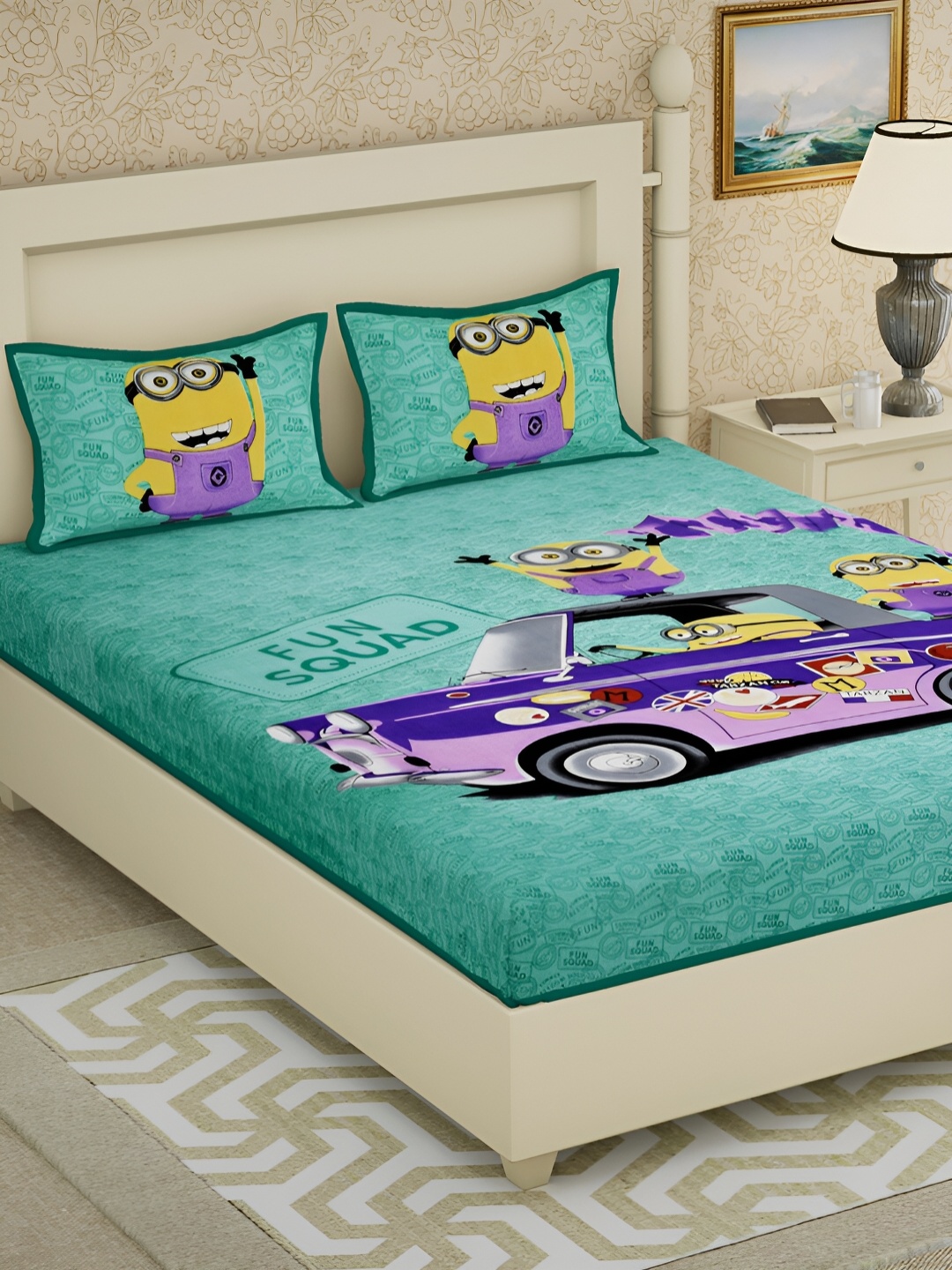 

POORAK Green & Yellow Cartoon Characters Printed 104 TC Cotton Queen Bedsheet Set