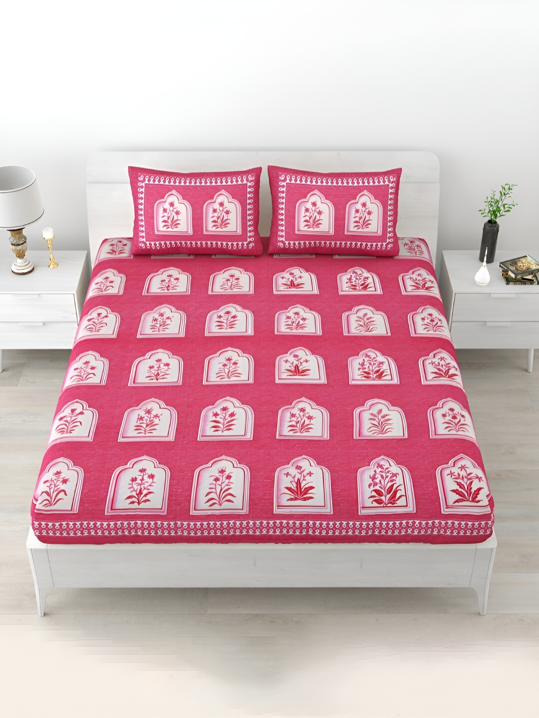 

POORAK Pink & White Ethnic Motifs Printed 104 TC Cotton Queen Bedsheet Set