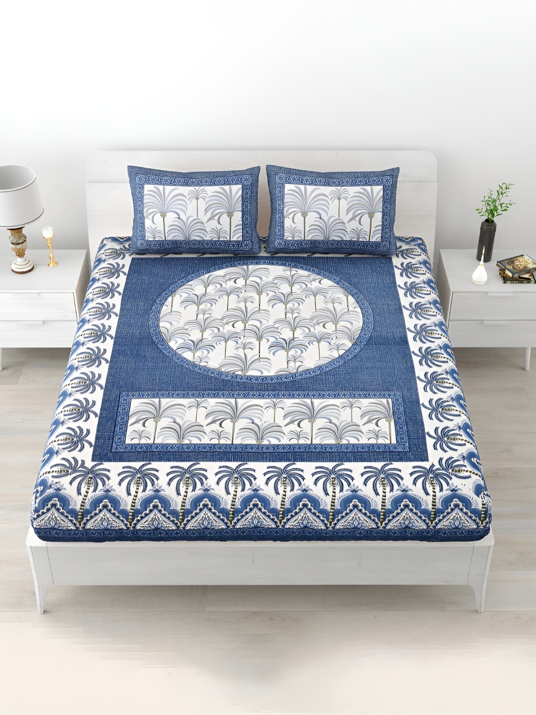 

POORAK Blue & White Floral Printed 104 TC Cotton Queen Bedsheet Set