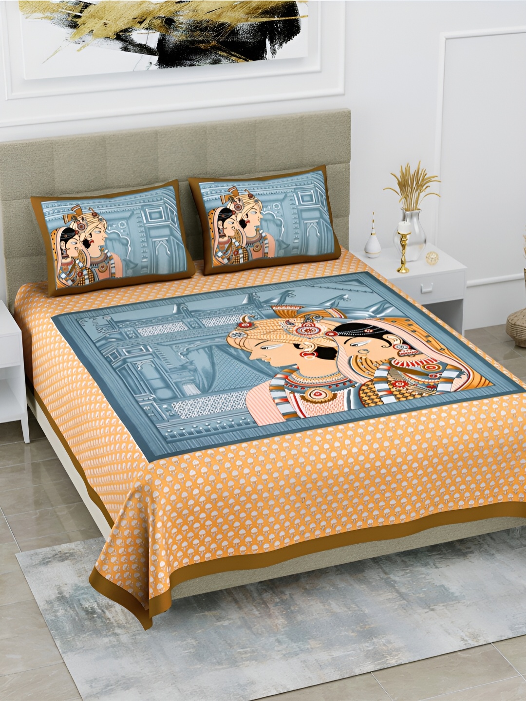 

POORAK Brown & Grey Graphic Printed 104 TC Cotton Queen Bedsheet Set