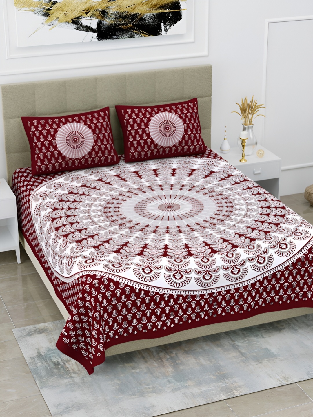 

POORAK Maroon & White Ethnic Motifs Printed 104 TC Cotton Queen Bedsheet Set