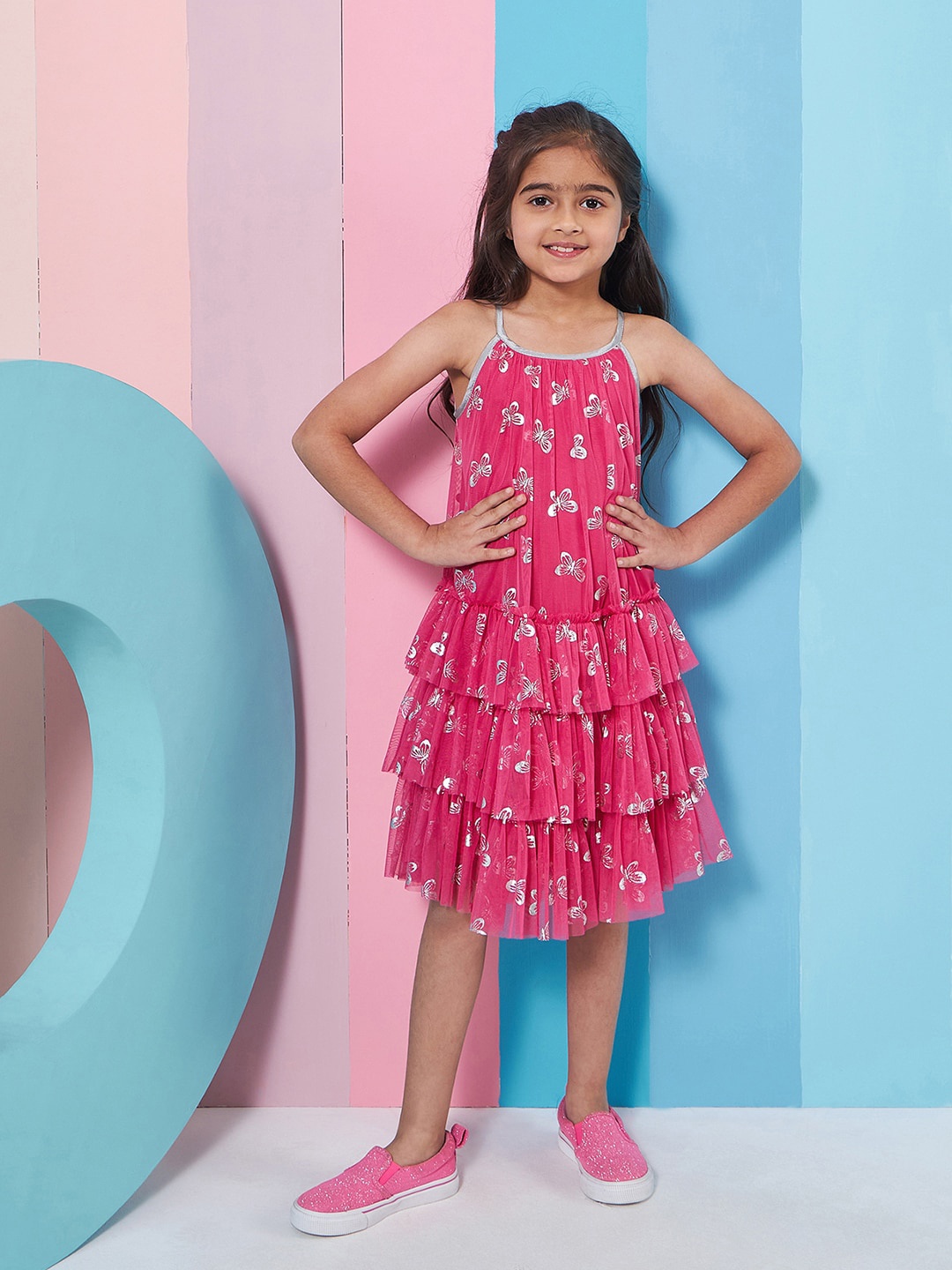 

pspeaches Girls Floral Printed Layered Net Drop-Waist Dress, Magenta