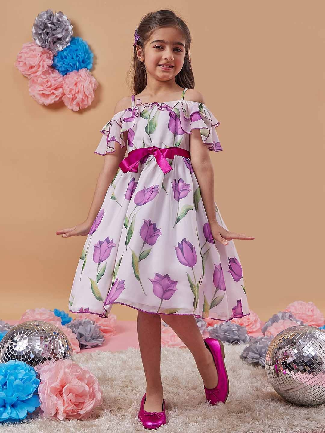 

pspeaches Girls Floral Printed Cold-Shoulder Bow Fit & Flare Midi Dress, White