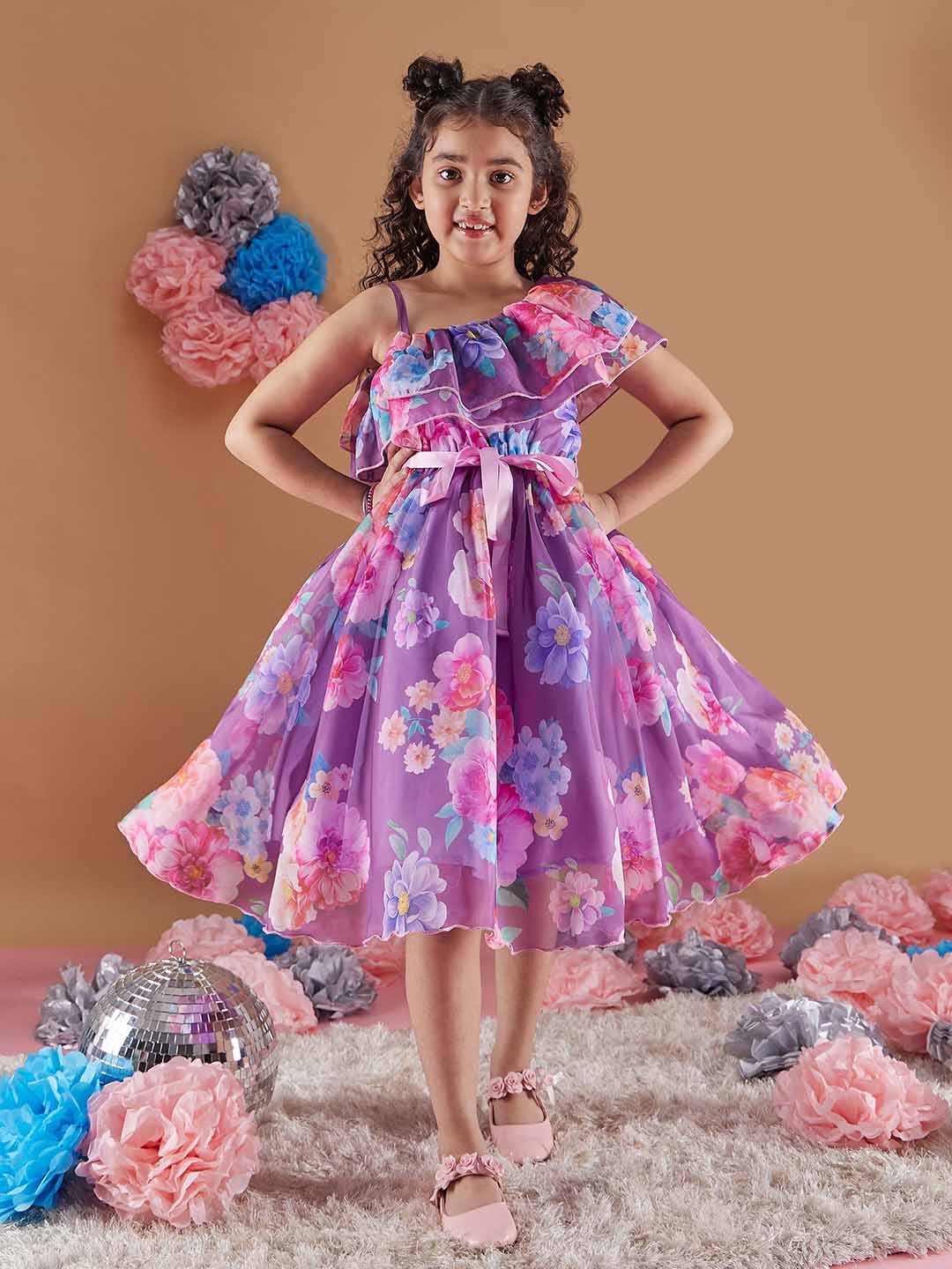 

pspeaches Girls Floral Printed One Shoulder Ruffles Fit & Flare Dress, Purple