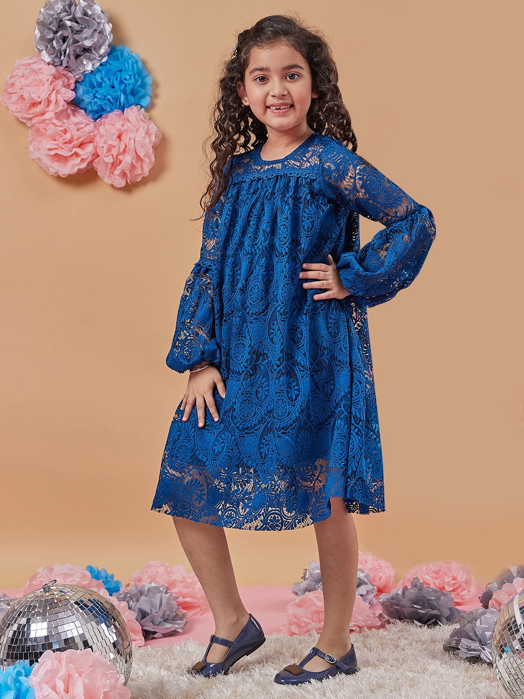 

pspeaches Girls Floral Print Round Neck Puff Sleeves A-Line Dress, Blue