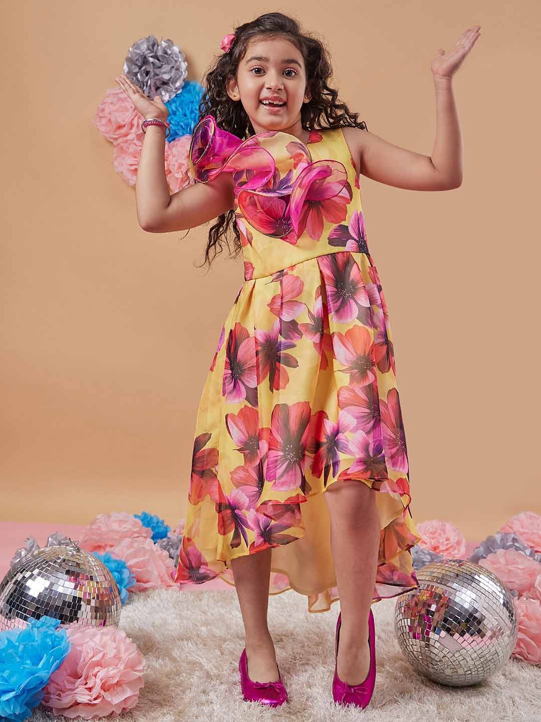 

pspeaches Girls Floral Printed Fit and Flare Midi Dress, Yellow