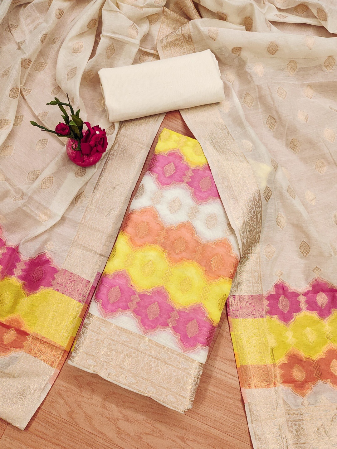 

KALINI Ethnic Motif Woven Design Cotton Silk Unstitched Dress Material, White