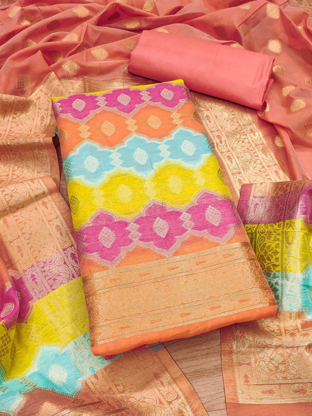 

KALINI Woven Design Cotton Silk Unstitched Dress Material, Peach