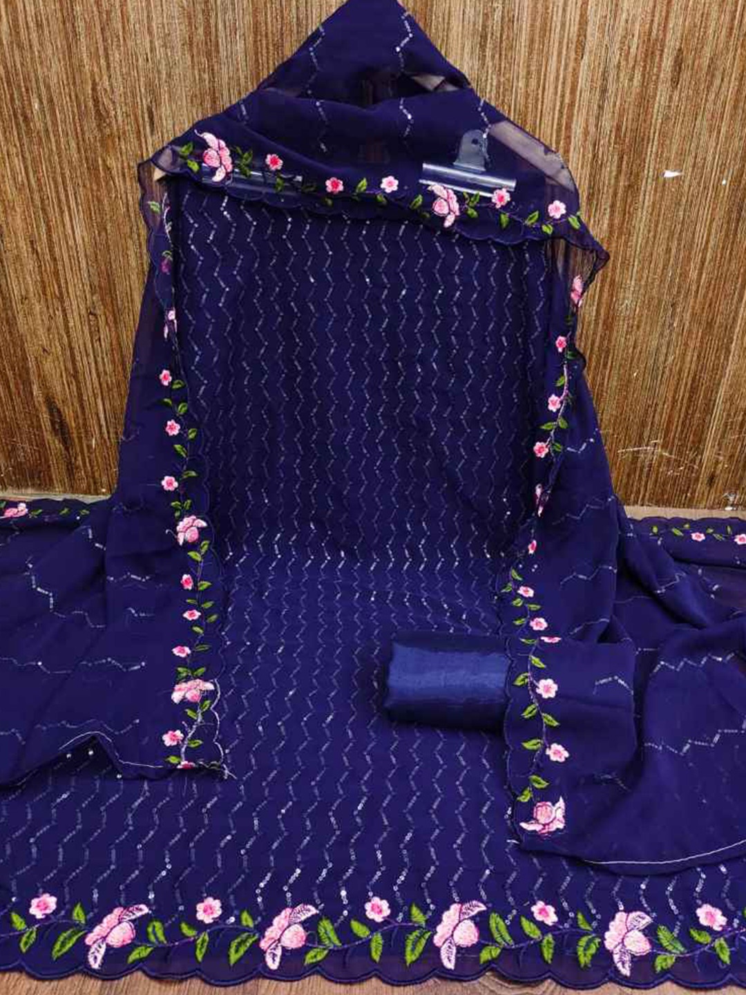 

faxofab Embroidered Unstitched Dress Material, Navy blue
