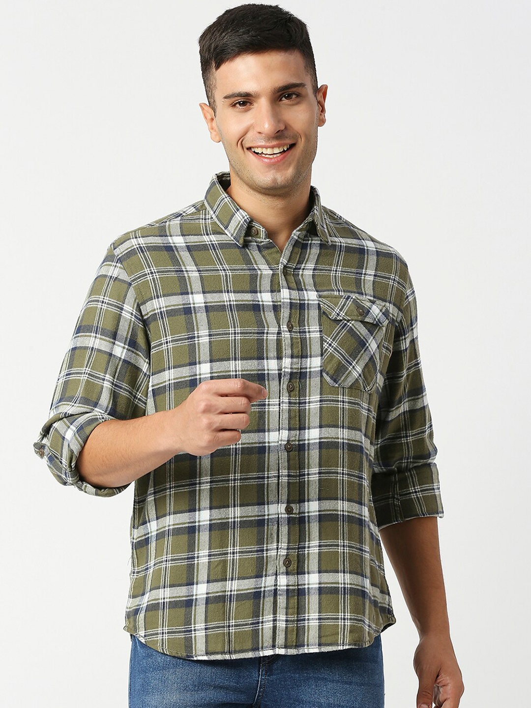 

USMC Relaxed Fit Tartan Checks Spread Collar Long Sleeves Cotton Casual Shirt, Green