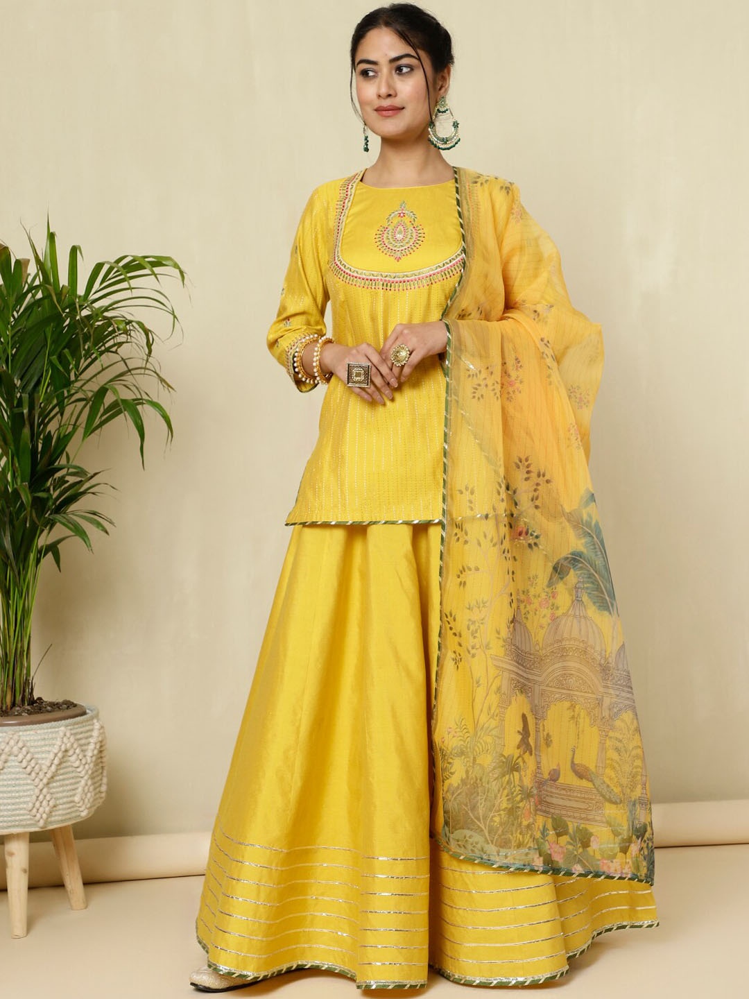 

Jaipur Kurti Ethnic Motifs Embroidered Chanderi Silk Kurta with Skirt & With, Mustard