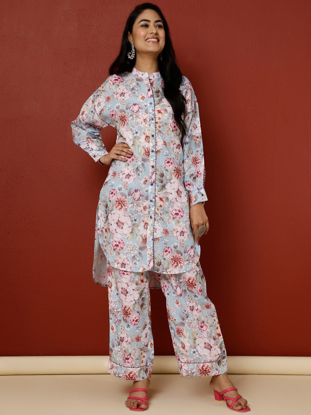 

Jaipur Kurti Floral Printed Kurta With Palazzo Co-ord Set, Blue