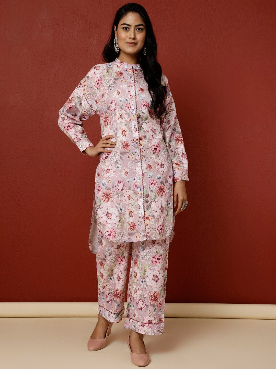 

Jaipur Kurti Floral Printed Kurta With Palazzo Co-ord Set, Pink