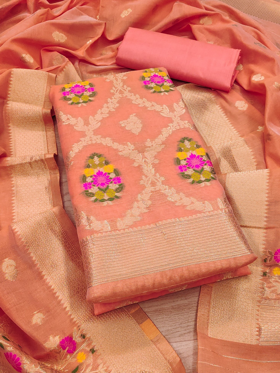 

KALINI Floral Woven Design Cotton Silk Unstitched Dress Material, Peach