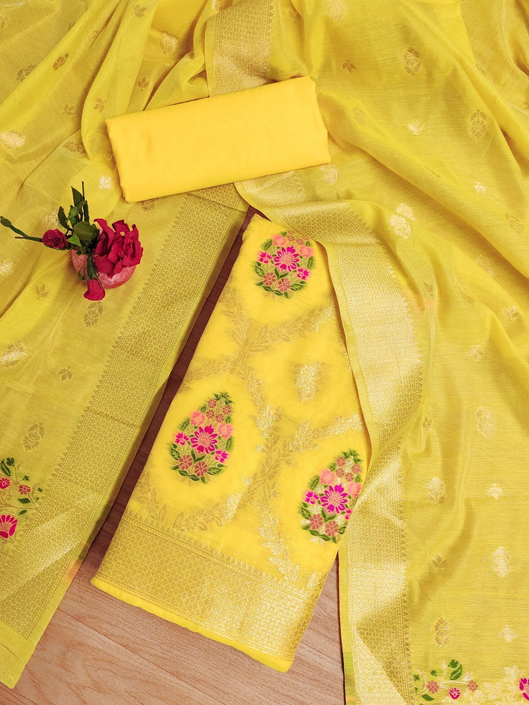 

KALINI Floral Woven Design Cotton Silk Unstitched Dress Material, Yellow