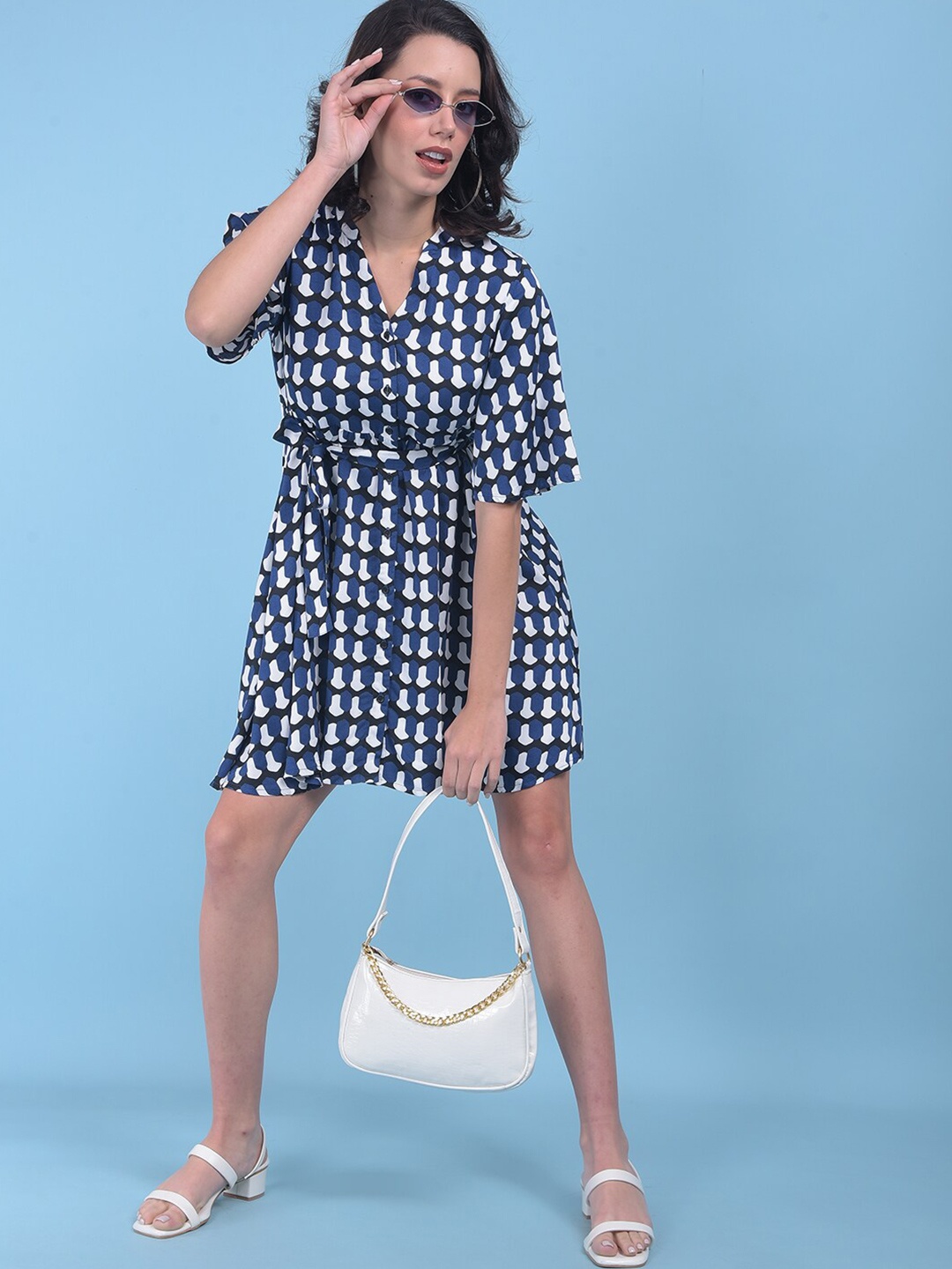 

Crimsoune Club Abstract Printed Linen Fit & Flare Dress, Navy blue