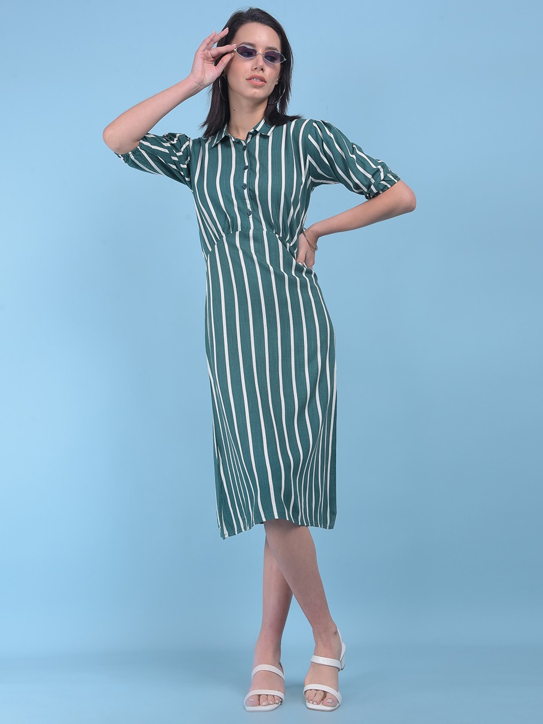

Crimsoune Club Striped Shirt Style Midi Dress, Green
