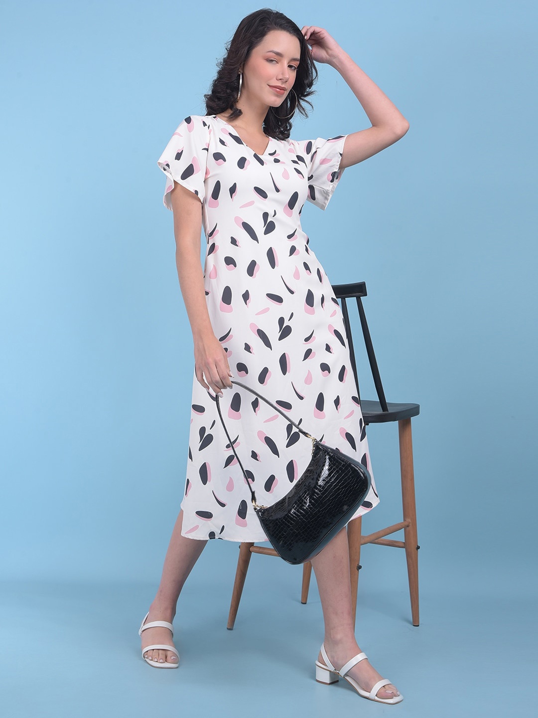 

Crimsoune Club Floral Print Flutter Sleeve Linen A Line Midi Dress, White
