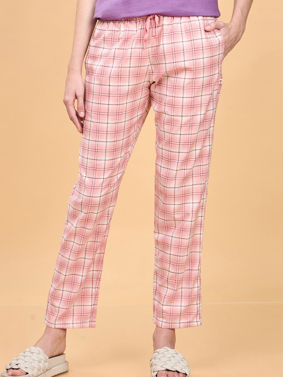 

Enamor Women Checked Pure Cotton Relaxed Fit Lounge Pants, Pink