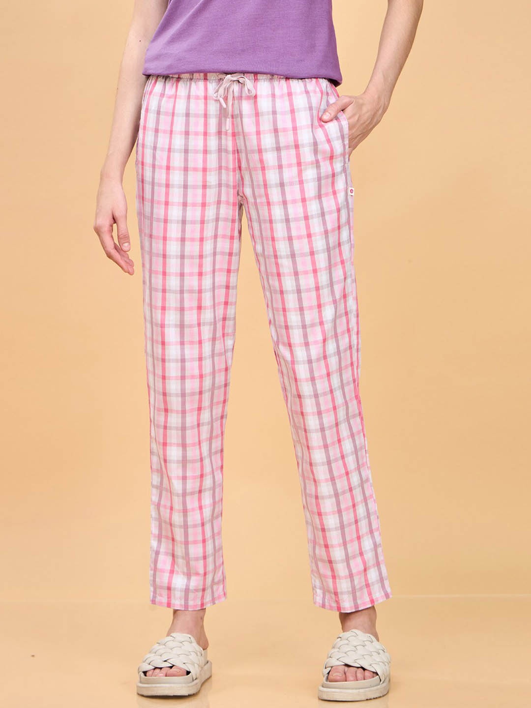 

Enamor Women Checked Pure Cotton Lounge Pants, Pink