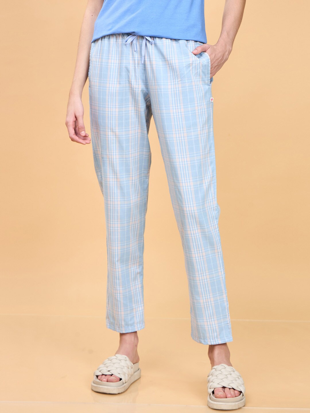 

Enamor Women Checked Pure Cotton Lounge Pants, Blue