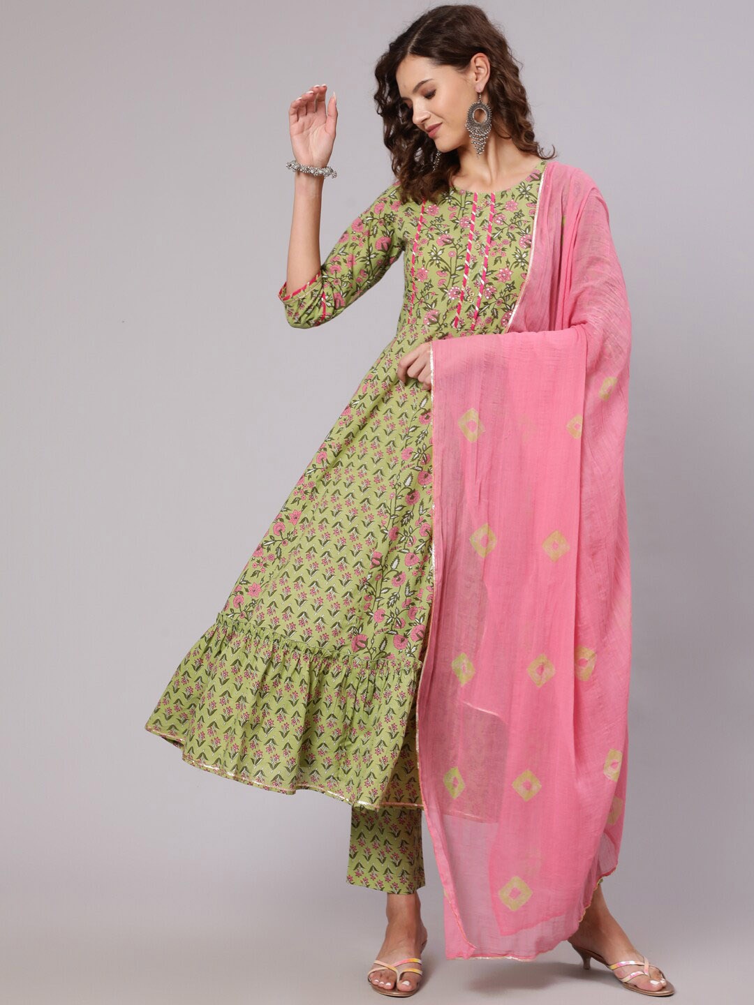 

Jaipur Kurti Floral Printed Gotta Patti Pure Cotton Anarkali Kurta With Trousers & Dupatta, Green