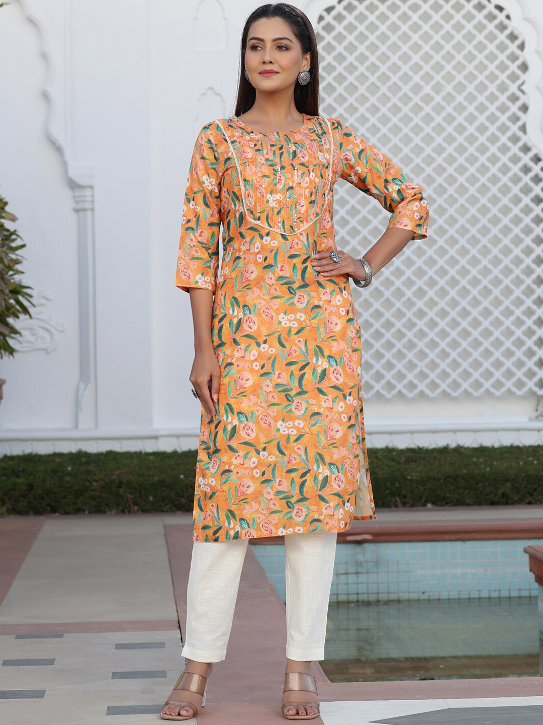 

Jaipur Kurti Floral Digital Print Slub Kurta with Sequence in Yoke and Lace Detailing, Orange