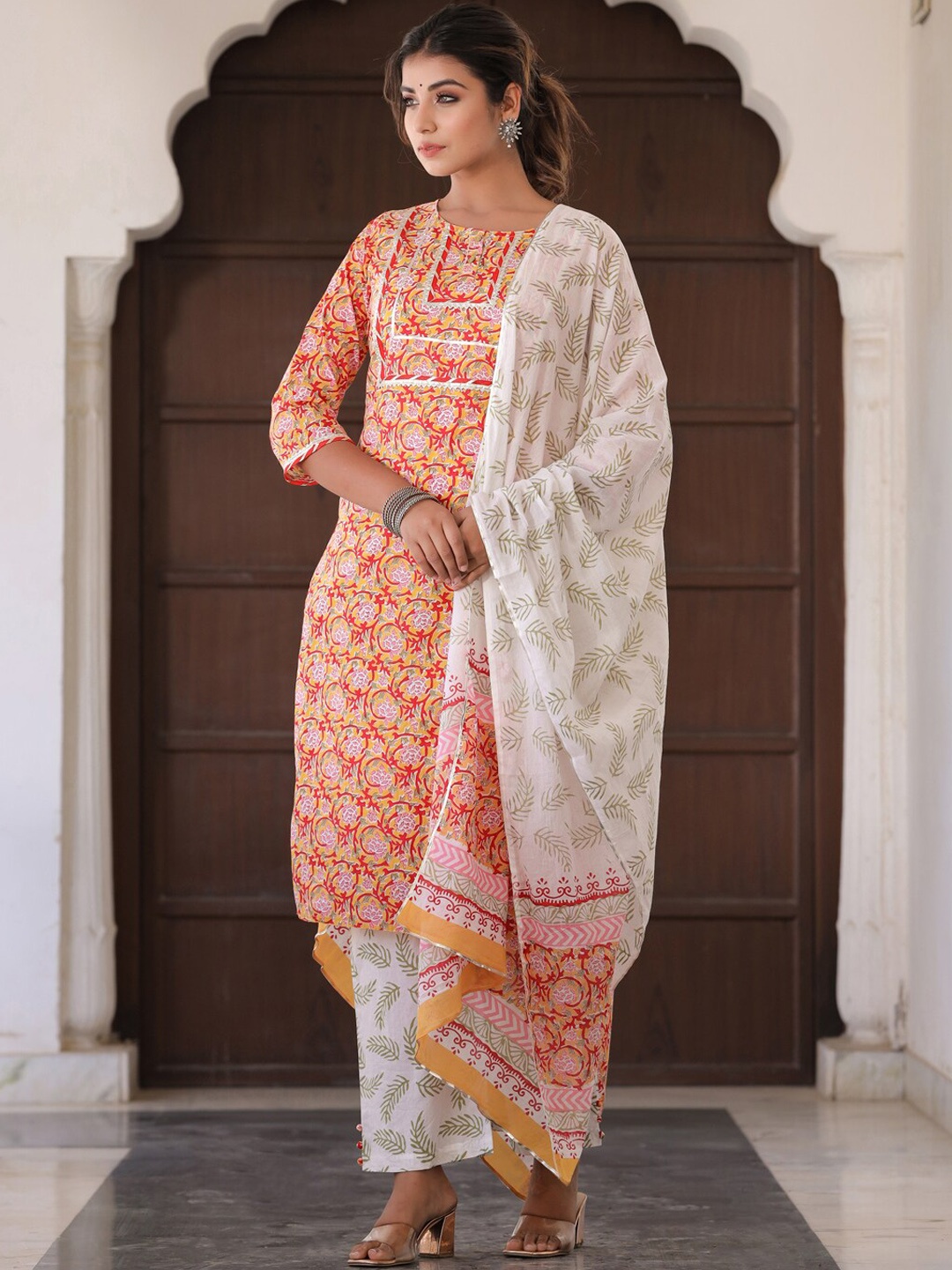 

Jaipur Kurti Ethnic Print Straight Cotton Kurta With Palazzo And Dupatta, Yellow