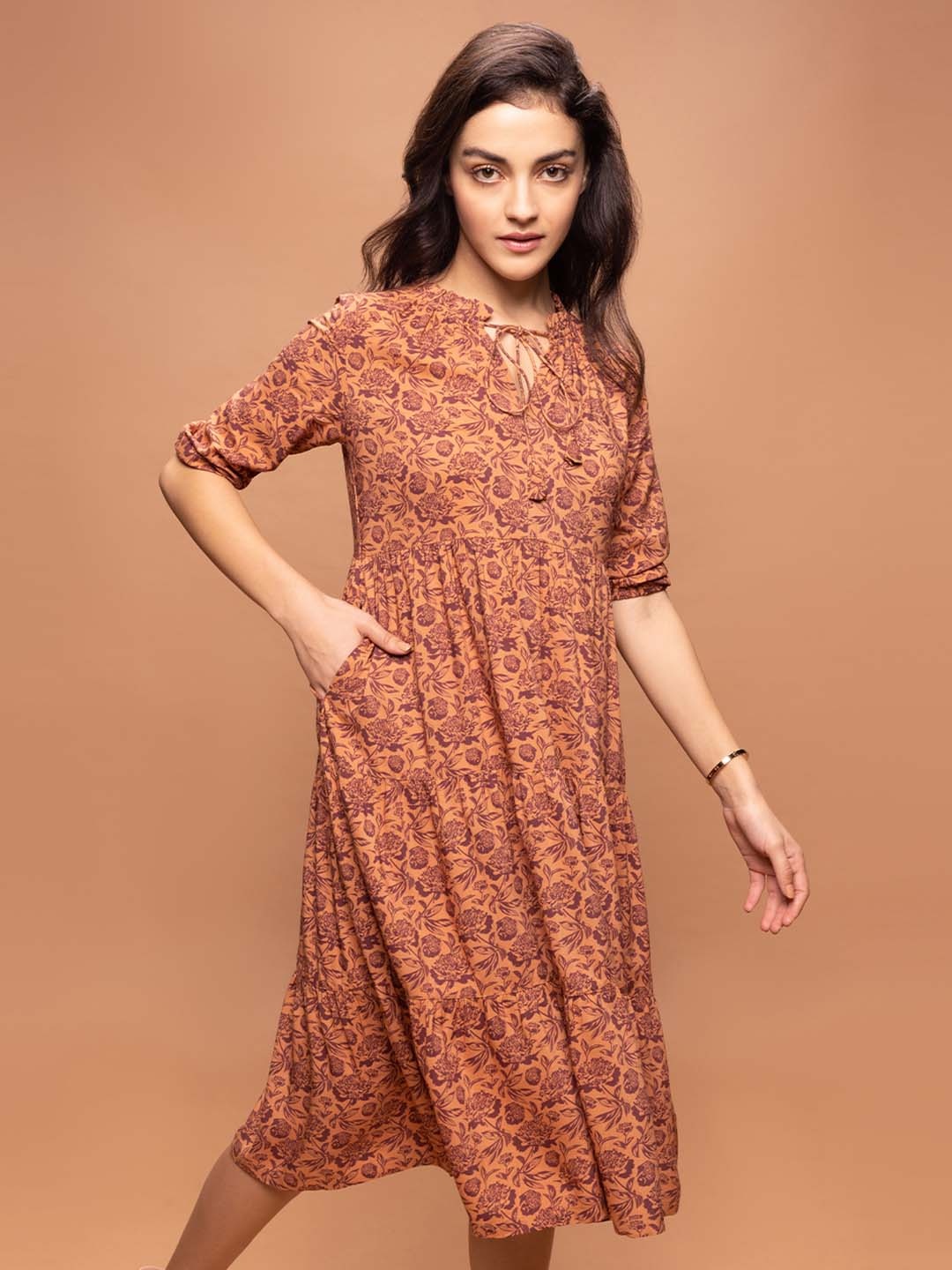 

Bombay High Women Floral print Ruffled Neck Midi Dress, Brown