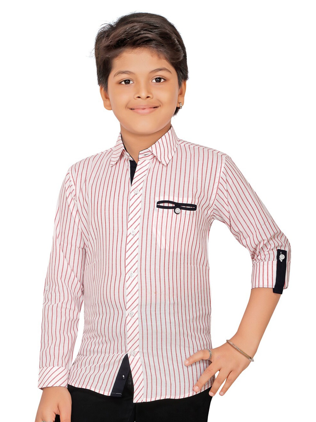 

BAESD Boys Smart Opaque Vertical Stripes Spread Collar Casual Shirt, Red