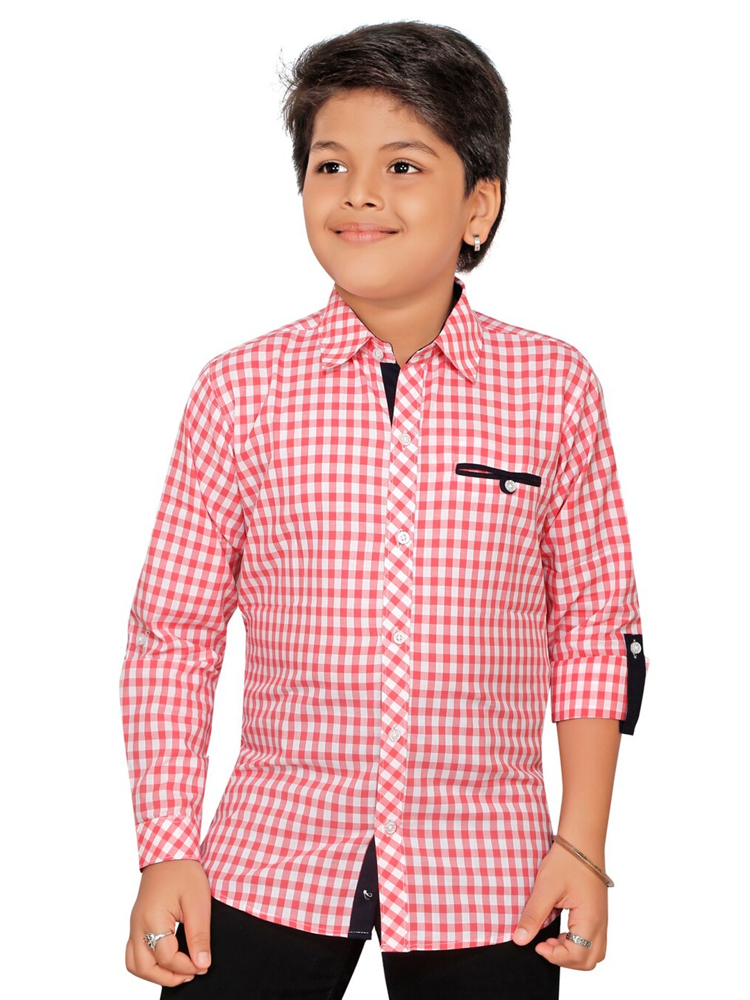 

BAESD Boys Smart Fit Gingham Checks Spread Collar Long Roll Up Sleeves Cotton Casual Shirt, Pink