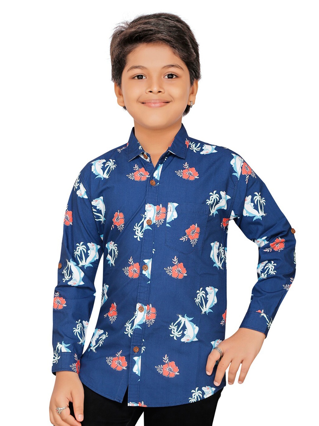 

BAESD Boys Smart Floral Opaque Spread Collar Casual Shirt, Navy blue