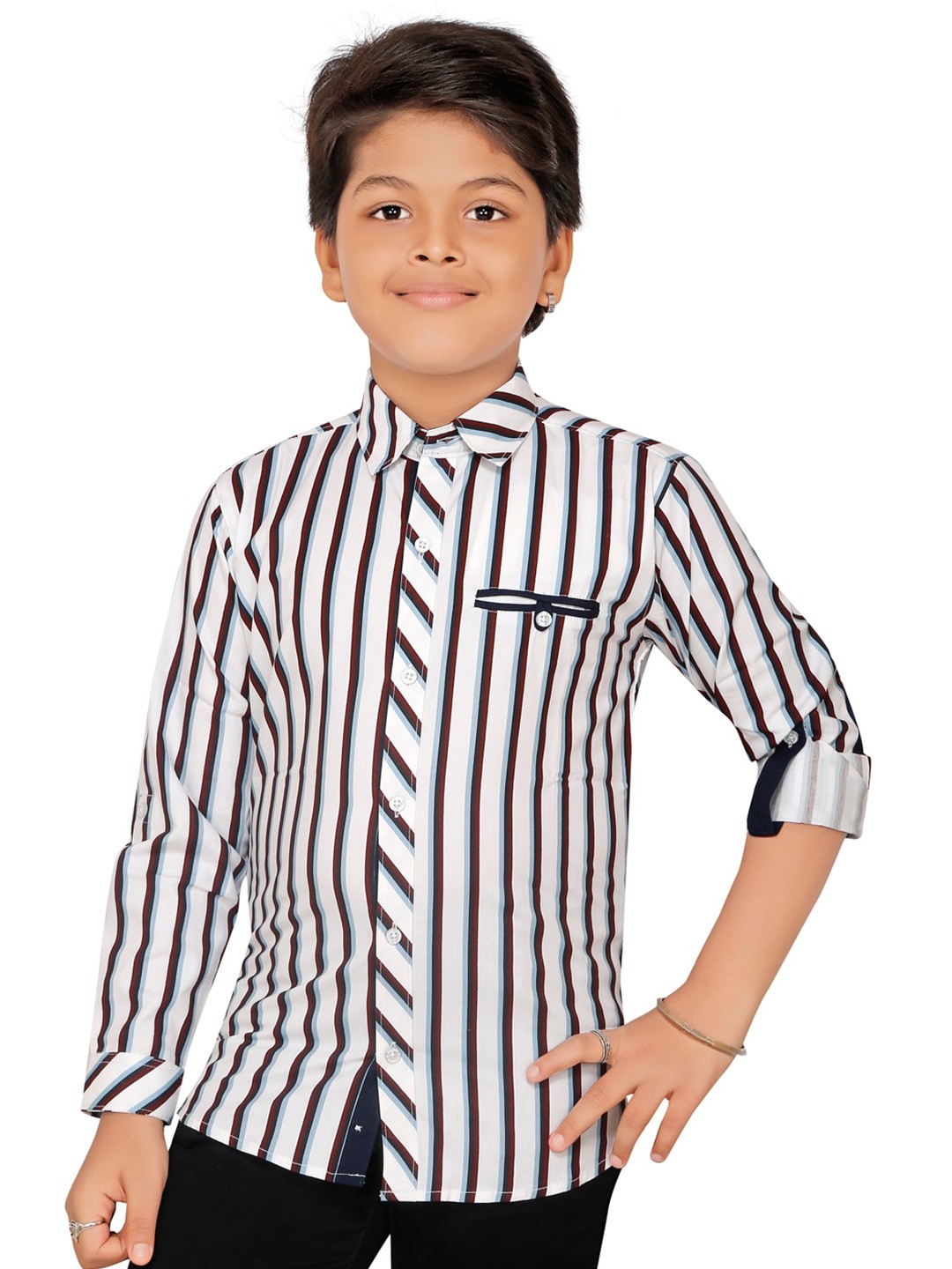 

BAESD Boys Smart Fit Striped Spread Collar Long Roll Up Sleeves Casual Shirt, Navy blue